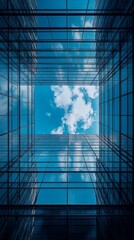 Aufkleber - Gazing upwards reveals a stunning view of blue skies and fluffy clouds framed by sleek, reflective glass buildings in a vibrant urban landscape