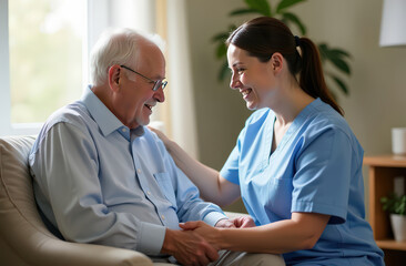 elderly caucasian male with caring female nurse in home care setting