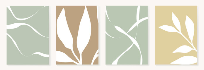 Wall Mural - set of abstract foliage poster vector. leaves, flower, organic shapes, earth tone colors, leaf branc