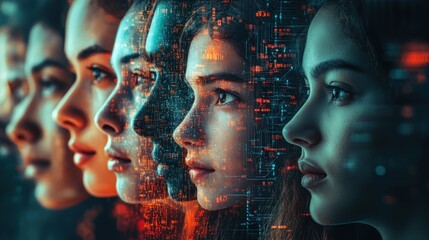 Poster - A creative fusion of diverse human faces showcases the interplay between technology and identity in a futuristic urban atmosphere