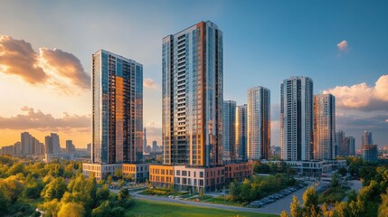 Poster - Golden hour casts a warm glow over the sleek high-rise buildings, reflecting light off their glass facades