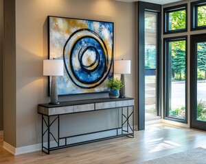 Wall Mural - Artistic entryway with a modern console table, abstract wall decor, and natural lighting.