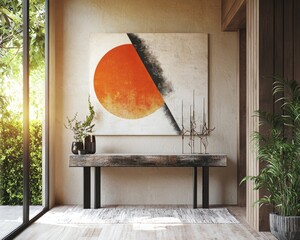 Wall Mural - Artistic entryway with a modern console table, abstract wall decor, and natural lighting.