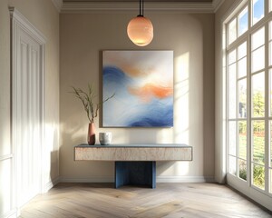 Wall Mural - Artistic entryway with a modern console table, abstract wall decor, and natural lighting.