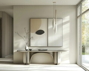Wall Mural - Artistic entryway with a modern console table, abstract wall decor, and natural lighting.