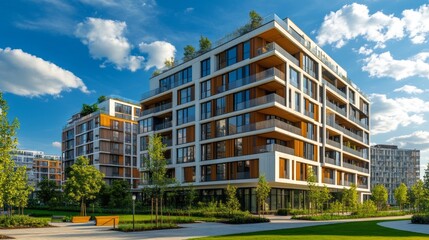Aufkleber - Sleek residential structures rise amid manicured lawns and trees, bathed in warm afternoon sunlight. An inviting pathway leads through this revitalized urban area, blending nature with modern living