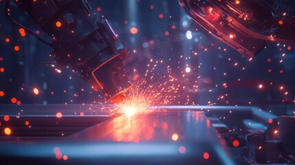 Poster - a futuristic robotic welding machine fusing steel parts with bright sparks flying