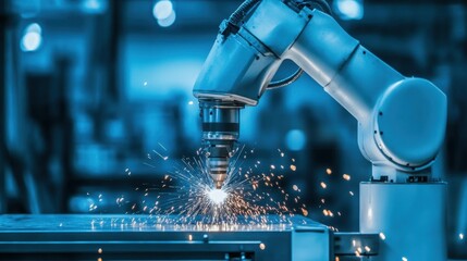 Poster - a futuristic robotic welding machine fusing steel parts with bright sparks flying