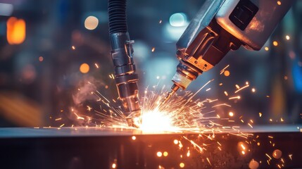Poster - a futuristic robotic welding machine fusing steel parts with bright sparks flying
