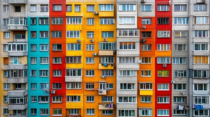 Aufkleber - A striking display of colorful apartment balconies captivates the eye, with orange, red, and turquoise hues blending harmoniously. Residents enjoy a lively atmosphere under the bright sun