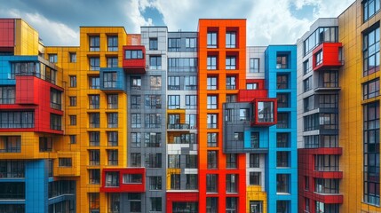 Aufkleber - Vibrant buildings with geometric patterns and bold colors rise against a cloudy sky, reflecting contemporary urban living. The unique architectural style captivates with its diversity