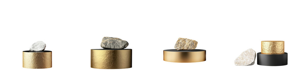 Fototapete - Minimalist modern and elegant geometric sculpture display with golden and stone elements arranged in a balanced and visually striking composition