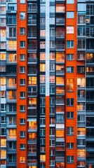 Poster - This striking apartment building showcases a vivid orange facade adorned with numerous windows reflecting warm evening light, creating a beautiful contrast against the twilight sky
