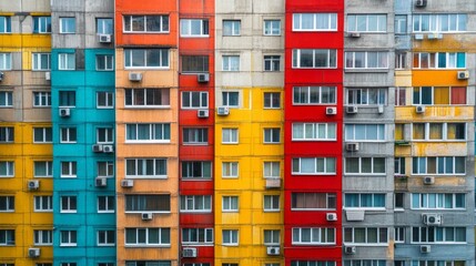 Aufkleber - Brightly painted facades of a multi-story building create a lively atmosphere in the heart of the city. Each color reflects the artistic spirit of urban living, showcasing individuality