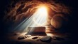 © Cliff - Empty tomb in a stone rock cave with rays of divine light coming from inside. Concept of Christianity, religion, faith, Easter resurrection of Jesus Christ