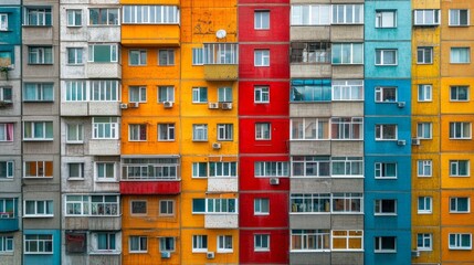 Aufkleber - Bright hues of orange, red, and blue dominate this apartment complex, reflecting a lively urban atmosphere. Sunlight enhances the cheerful vibe of the locality, inviting warmth