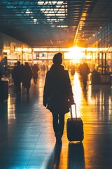 Poster - A person walks through the airport carrying a suitcase, suitable for a travel or adventure scene