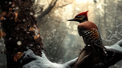 Poster - A bird perched on a snowy tree branch, ready to take flight