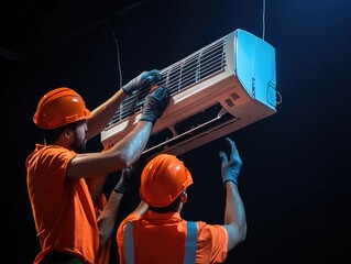 Poster - Two workers in orange shirts and hard hats fixing an air conditioner, a common scene in many homes and offices