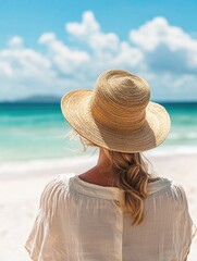 Poster - A woman relaxes on the beach, wearing a straw hat and enjoying the sun