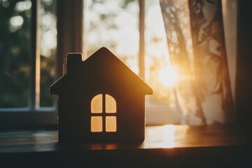 Poster - A small wooden house sits atop a table, perfect for use as a decorative piece or prop in still life photography