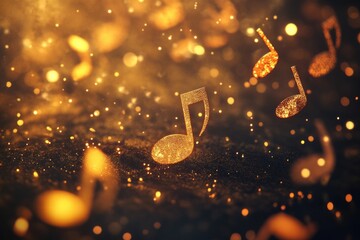 Poster - A shining gold music note suspended in the air, perfect for musical or creative themes