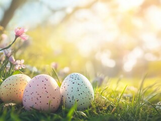 Poster - A cluster of three eggs sits atop a vibrant green field, ideal for backgrounds and concepts related to nature, agriculture, or simple design