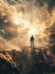 Poster - A person stands at the summit of a mountain with a cloudy sky above
