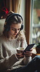 Poster - A person enjoying a moment of relaxation with music and a warm beverage