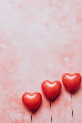 Poster - Three red heart-shaped balloons on a pink background, perfect for Valentine's Day or romantic celebrations