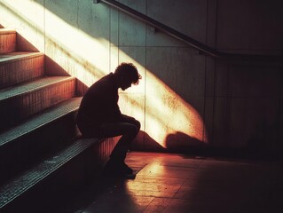 Poster - A person sitting on steps outside a building, possibly waiting or taking a break