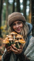 Poster - A woman holds a bunch of mushrooms in her hands