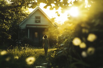 Poster - A person standing in a field with a house in the background, perfect for use in real estate or lifestyle photography