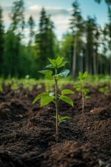 Poster - A small green plant emerges from the earth, with its stem and leaves visible