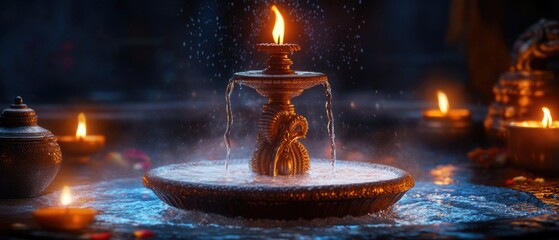 Poster - A serene setting featuring a fountain with a lit candle in its center