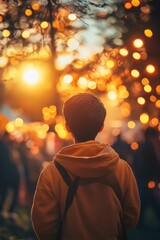 Poster - A person standing near a tree illuminated by colorful lights
