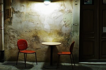 Poster - Two chairs and a table set up against a wall, ideal for office meetings or presentations