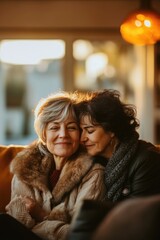 Poster - Two friends showing affection and comfort while sitting together on a couch