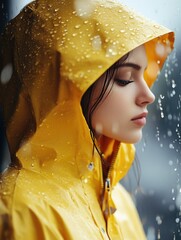 Poster - A person wearing a bright yellow raincoat stands in the rain, holding an umbrella