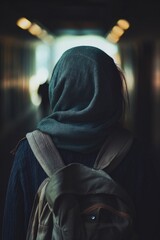 Poster - A person wearing a backpack and a hood, suitable for outdoor activities or military-themed scenes