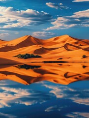 Poster - A calm lake reflecting the beauty of a desert landscape, with sandy dunes and palm trees