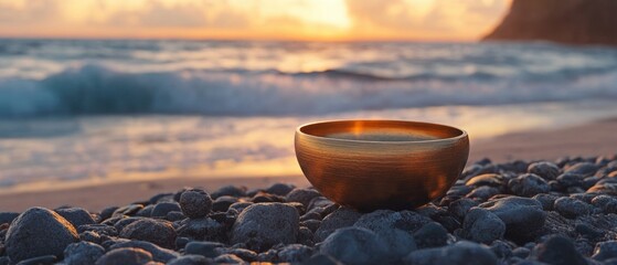 Poster - A wooden bowl sits atop a rocky beach, perfect for holding seashells or small treasures