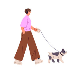 Wall Mural - Young woman listens to music with headphones and leads her French bulldog on leash. Owner walks little dog. Girl with headset strolls puppy. Flat isolated vector illustration on white background