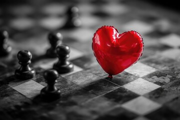 Poster - A red heart-shaped balloon sits atop a classic chessboard, ready for a unique game or decoration