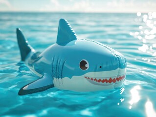 Poster - A plastic toy shark floats on the surface of a calm pool of water, perfect for use in illustrations and graphics about childhood, leisure time, or aquatic themes
