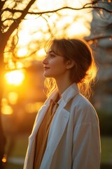 Poster - A woman stands in front of a tree as the sun sets behind her, creating a warm and peaceful atmosphere