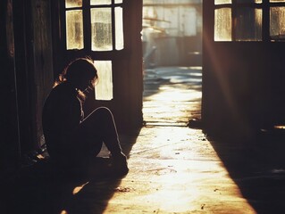 Poster - A woman sits on the floor in front of an open window, gazing outside