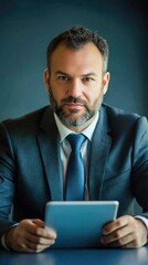 Poster - Businessman working on a tablet at a desk, possibly taking notes or checking emails