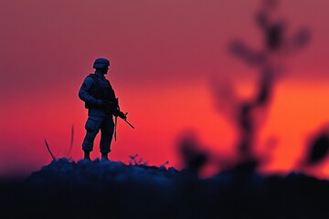 Poster - A soldier stands alone on a hill as the sun sets, creating a dramatic silhouette