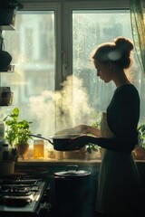 Poster - A woman stands in a kitchen, holding a frying pan